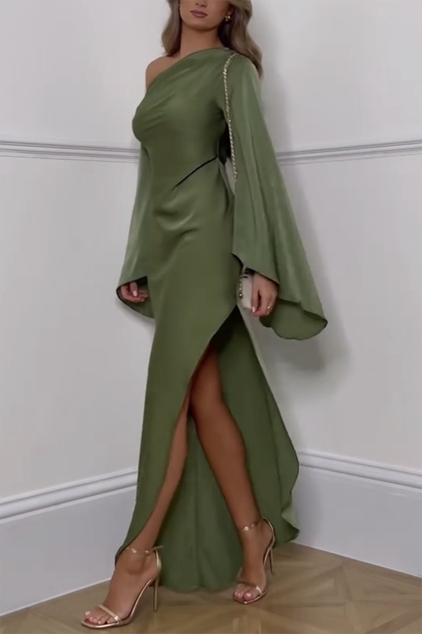Zayla Satin Asymmetrical One Shoulder Bell Sleeve Slit Maxi Dress-consonak
