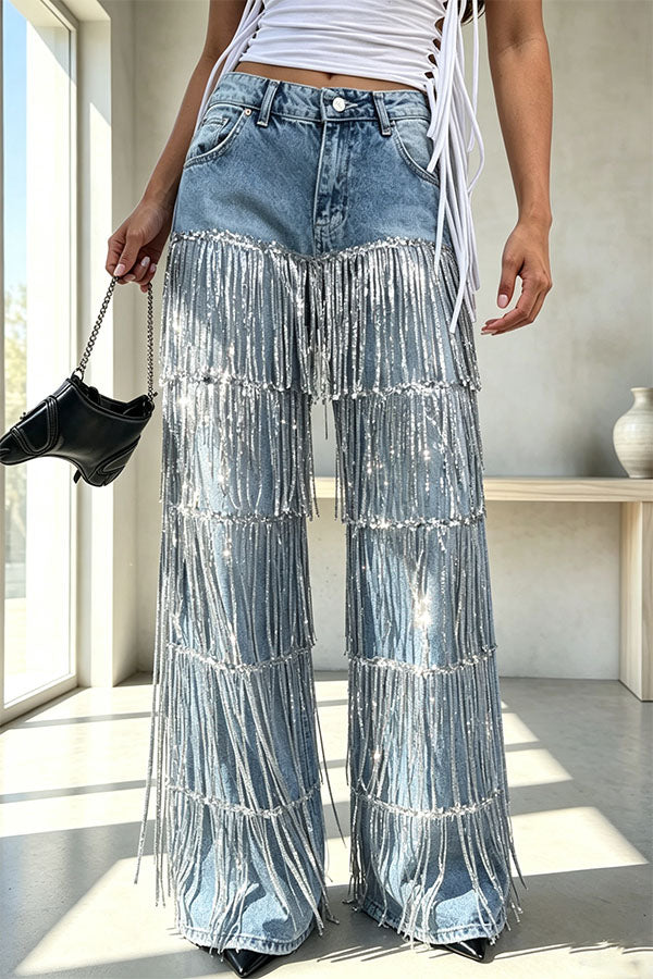 Nightclub Style Denim Metallic Tassel High Rise Pocket Wide Leg Jeans-Consonak