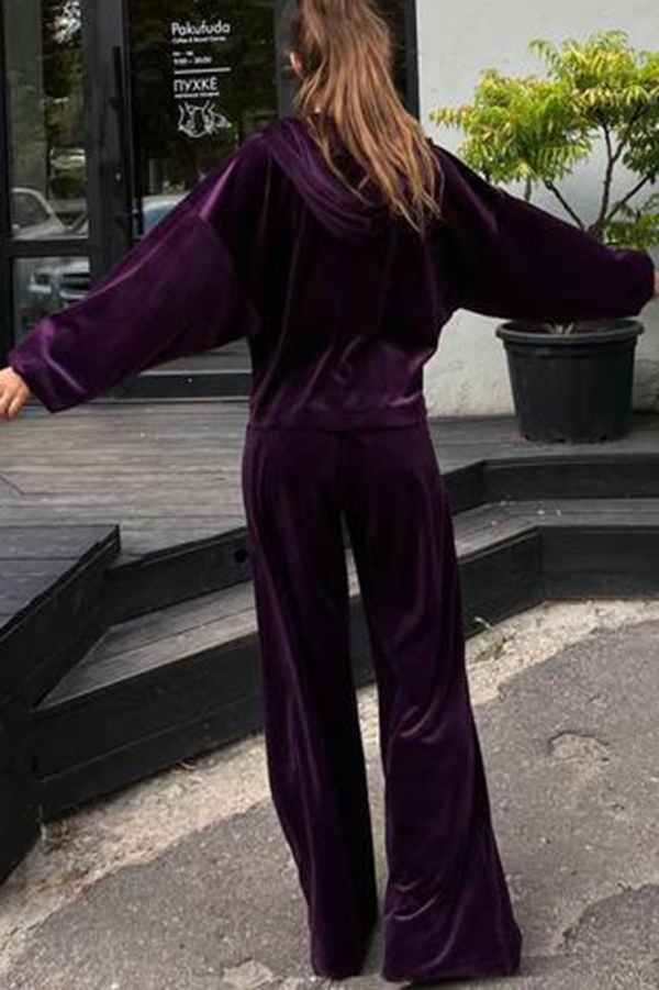 Velvet Casual Zip-up Hooded Top and Elastic Waist Wide Leg Pants Set-consonak