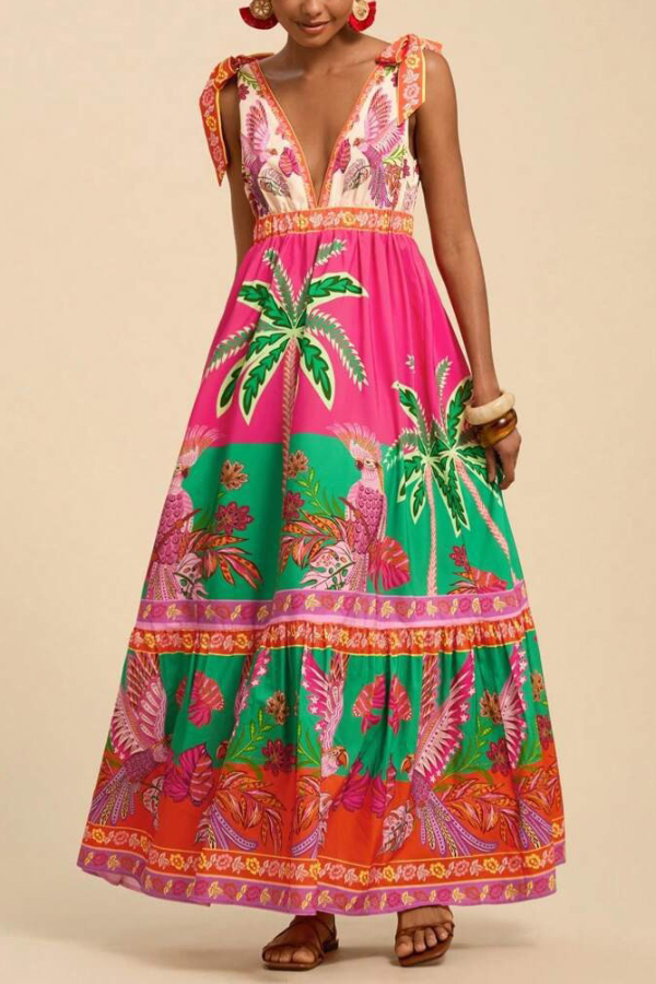 Tropical Rainforest Print Loose V-neck Casual Vacation Maxi Dress