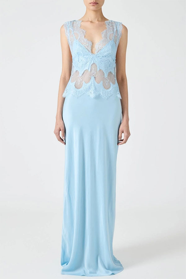 Effortless Elegance Satin Sheer Lace Patchwork V-neck Drape Maxi Dress-consonak
