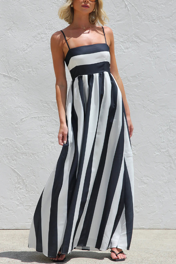 Color-blocked Striped Print Square Neck Suspender Casual Pocket Maxi Dress | Consonak