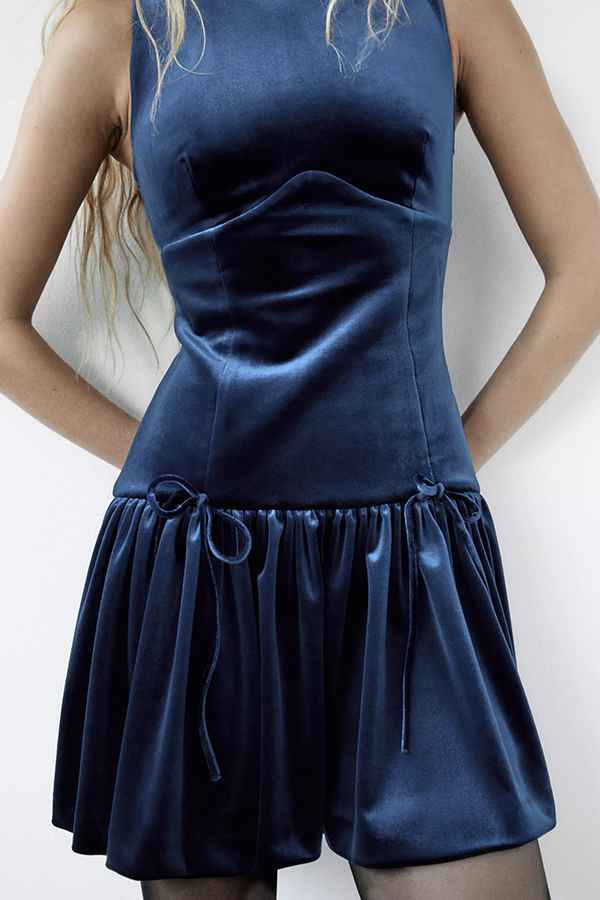 Solid Velvet Bow Embellished Sleeveless Mini Dress-consonak