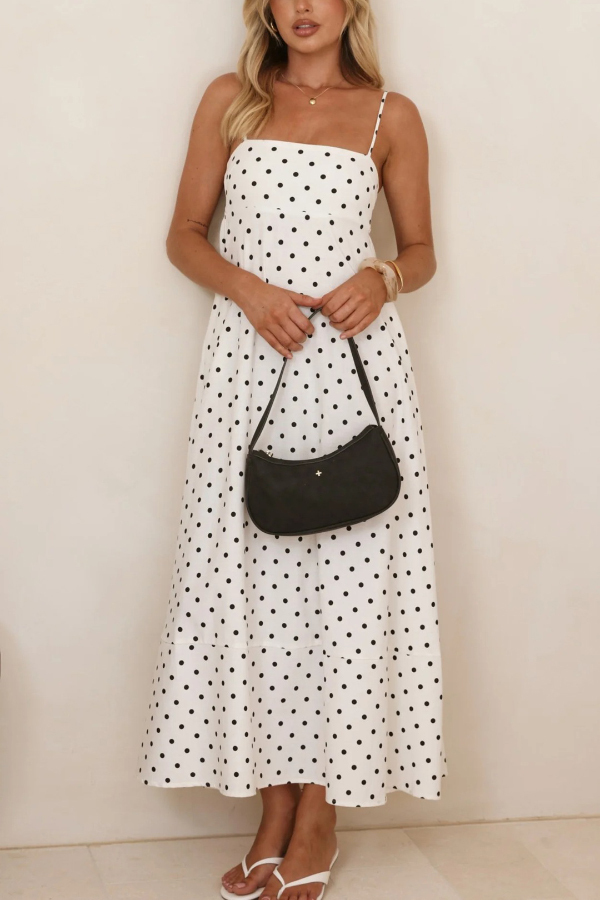 Polka Dot Print Square Neck Suspender Casual Pocket Maxi Dress