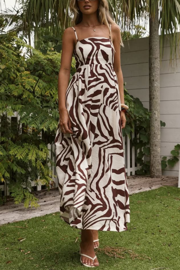 Zebra Print Sleeveless Spaghetti Strap High-waisted Vacation Maxi Dress