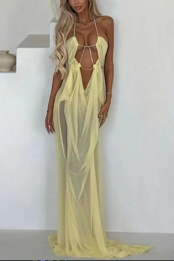 Island Muse Sheer Draped Cutout Maxi Dress-Consonak