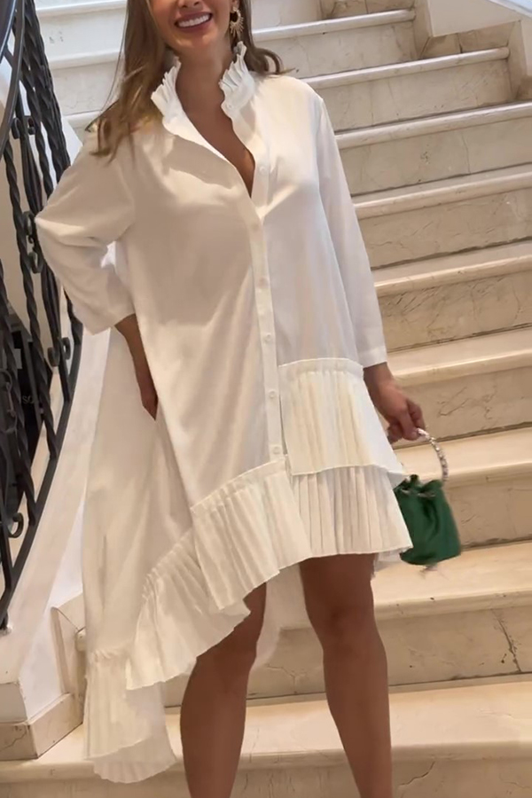Solid Color Palace Style Loose Irregular Pleated Hem Mini Dress-consonak