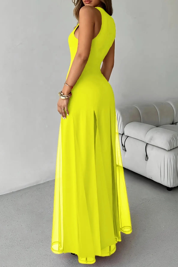 Solid Color Round Neck Sleeveless Slim Fit Sheer Patchwork Hem Maxi Dress | Consonak