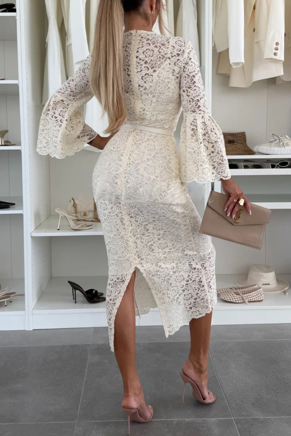 A Delicate Day Floral Lace Long Flared Sleeve Pencil Midi Dress Including Lining