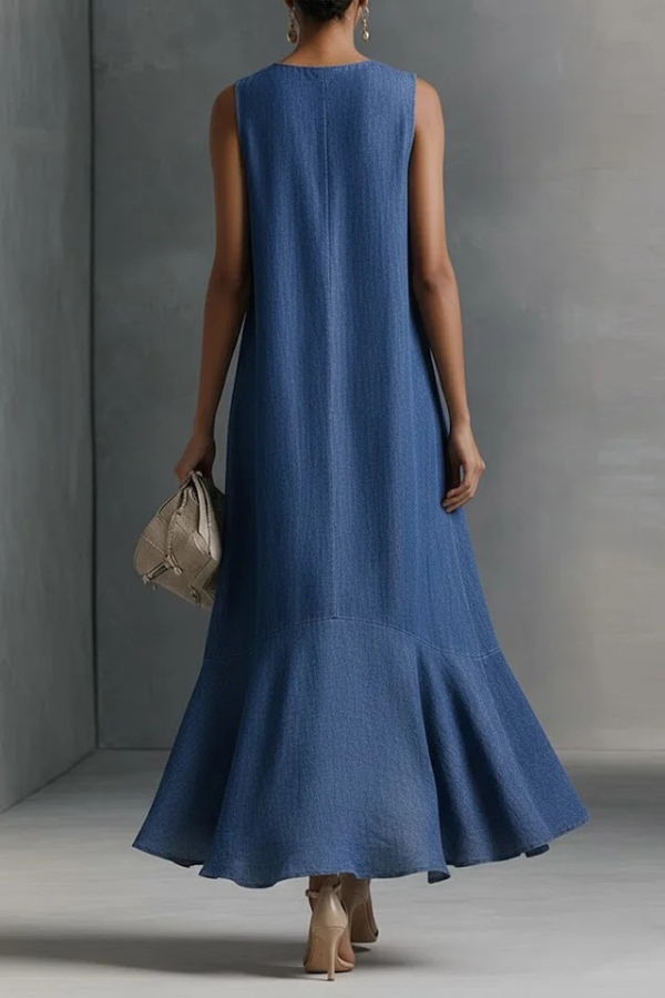 Stylish V-neck Sleeveless Loose-fitting Irregular Denim Midi Dress
