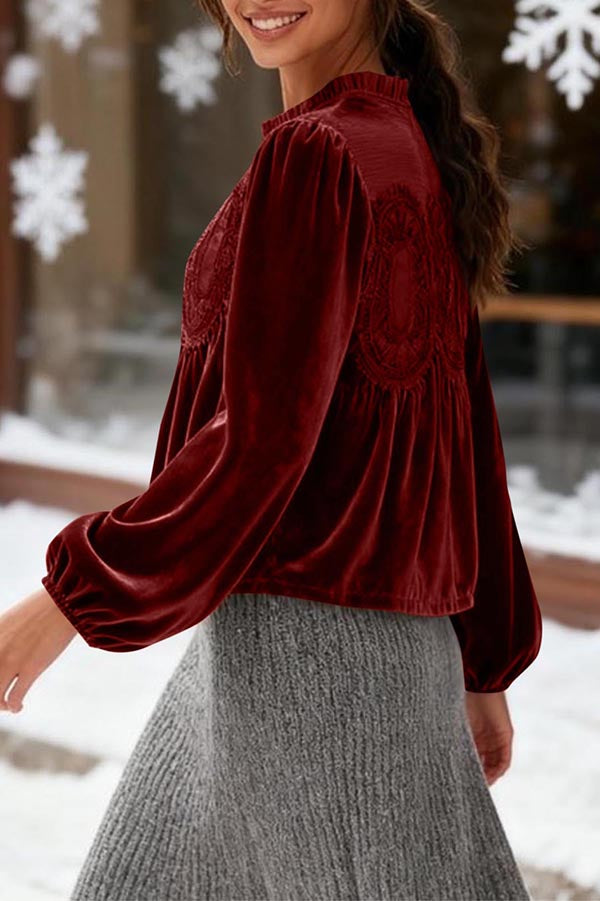 Fashionable Velvet and Lace Patchwork Loose Long-sleeved Top-consonak
