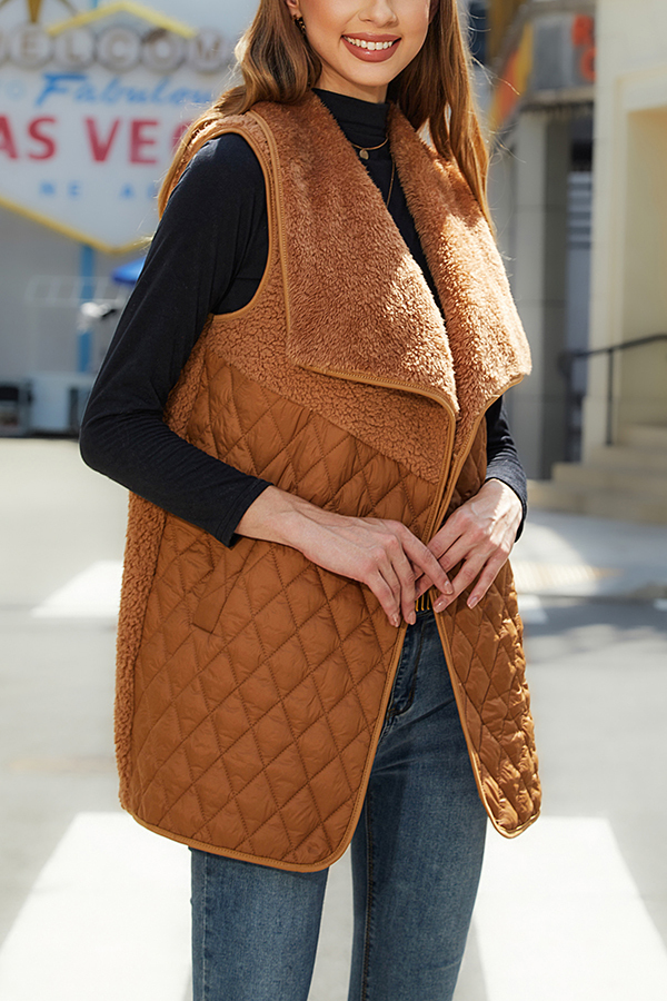 Fashion Plush Patchwork Sleeveless Pocket Vest Jacket-consonak