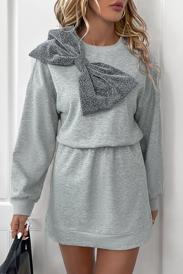 Solid Color Shiny Bow Casual Long Sleeve Sweatshirt Mini Dress-consonak