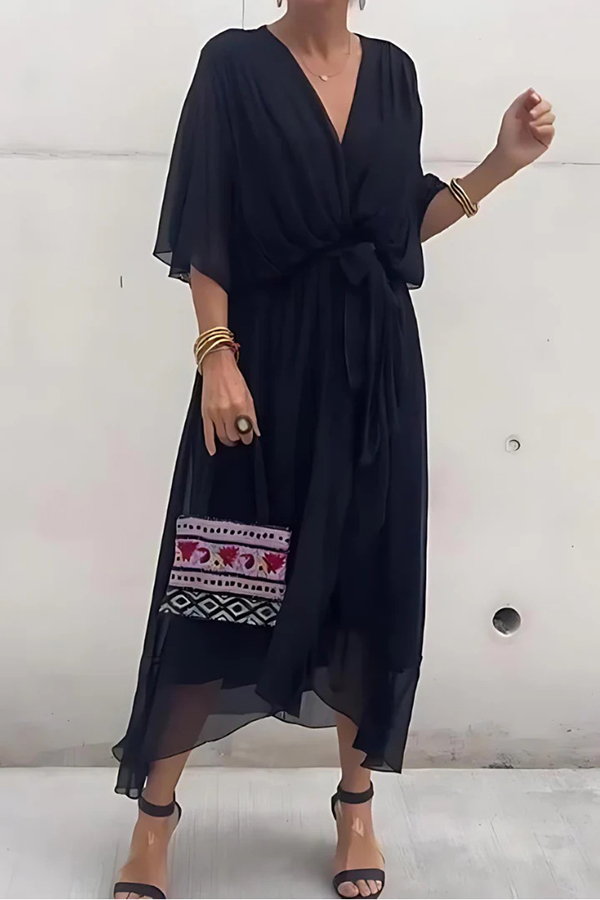 Solid Color V-neck Bat Sleeve Lace-up Irregular Hem Midi Dress-consonak