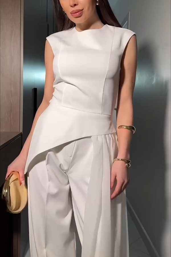 Cecily Short Sleeve Drape Tulle Hem Top and High Waist Pocket Wide Leg Pants Set-consonak