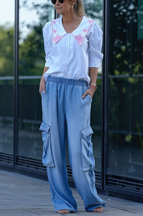 Winnie Denim Mid Rise Elastic Waist Flap Pockets Wide Leg Cargo Pants