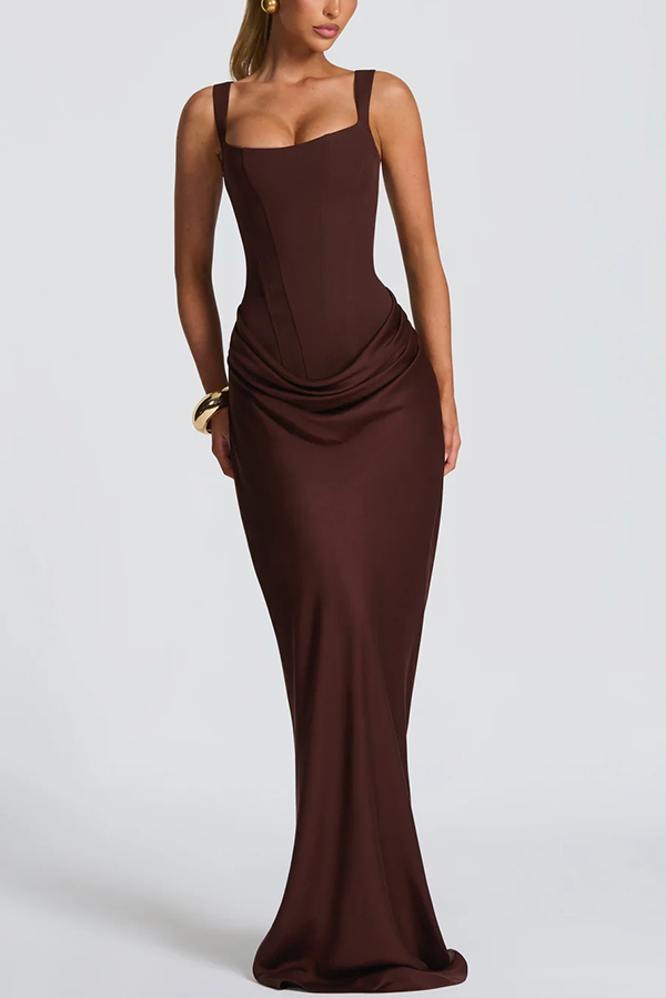 Larrah Square Neck Back Lace-up Satin Drape Hem Maxi Dress | Consonak