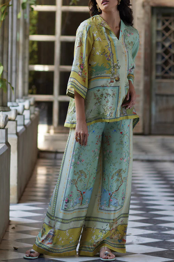 Elonie Satin Floral Print V-neck Half Sleeve Top and Elastic Waist Wide Leg Pants Set-consonak