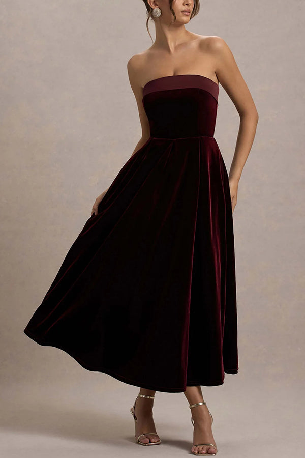 Center of Attention Velvet Satin Neck Bandeau Pleated Midi Dress-consonak