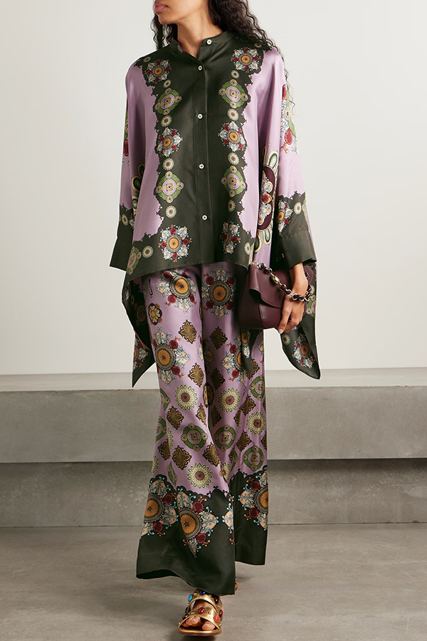 Satin Unique Print Loose Batwing Sleeve Top and Elastic Waist Pocket Casual Wide-leg Pants Set-consonak