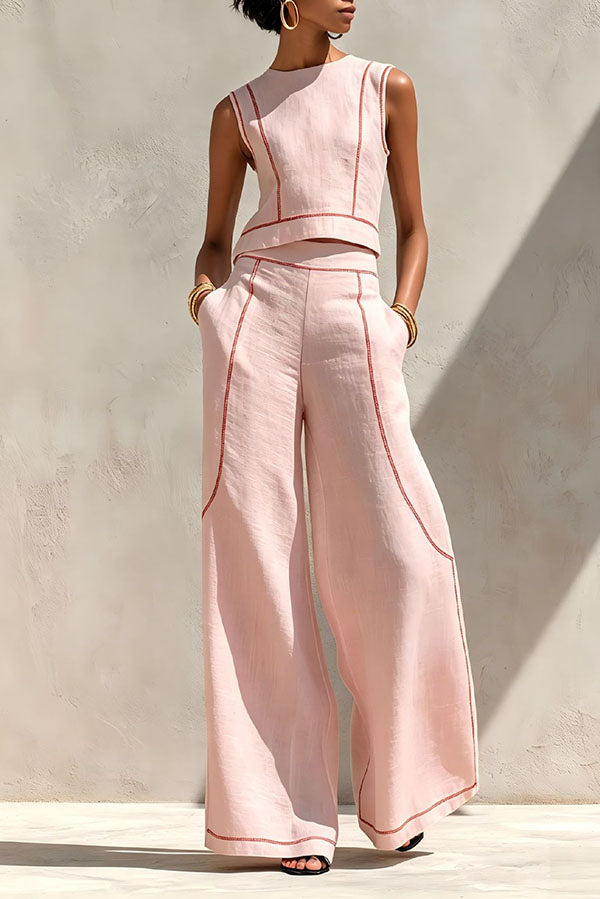 Elysia Contrast-Stitch Linen Two-Piece Set-Consonak