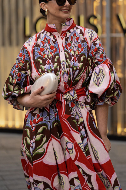 Khloe Bold Geometric Print Pleated Shoulder Puff Sleeve Belt Pocket Shirt Midi Dress