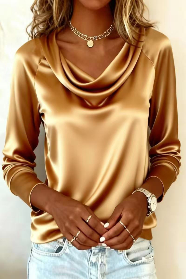 Solid Color Satin Casual Long-sleeved Draped Shirt-consonak