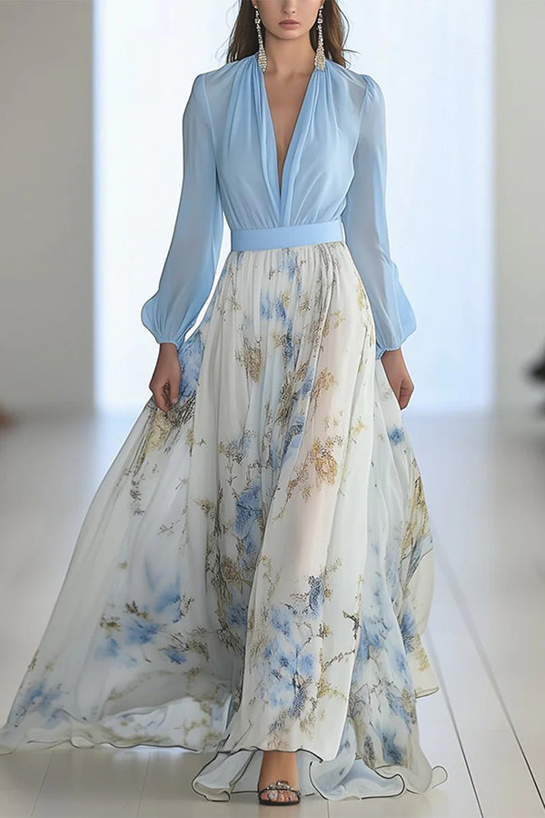 Plant Print V-neck Long Sleeve Elegant Stitching Maxi Dress-consonak