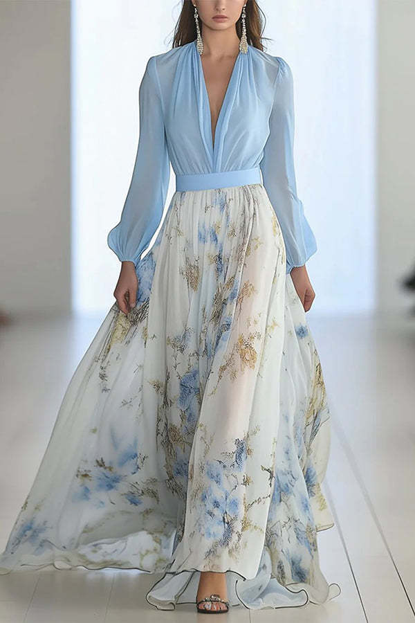 Plant Print V-neck Long Sleeve Elegant Stitching Maxi Dress-consonak