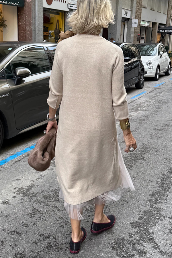 Jollie Knit Long Sleeve Front Slit Midi Sweater and Pleated Tulle Stretch Tank Midi Dress Two-piece Set-Consonak
