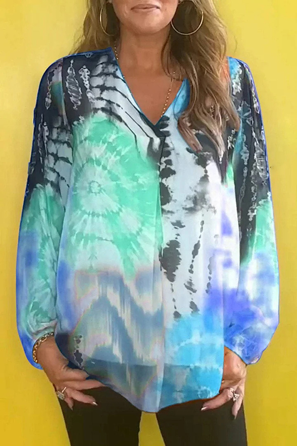 Fashionable Gradient Tie-dye V-neck Long-sleeved Casual Shirt-consonak