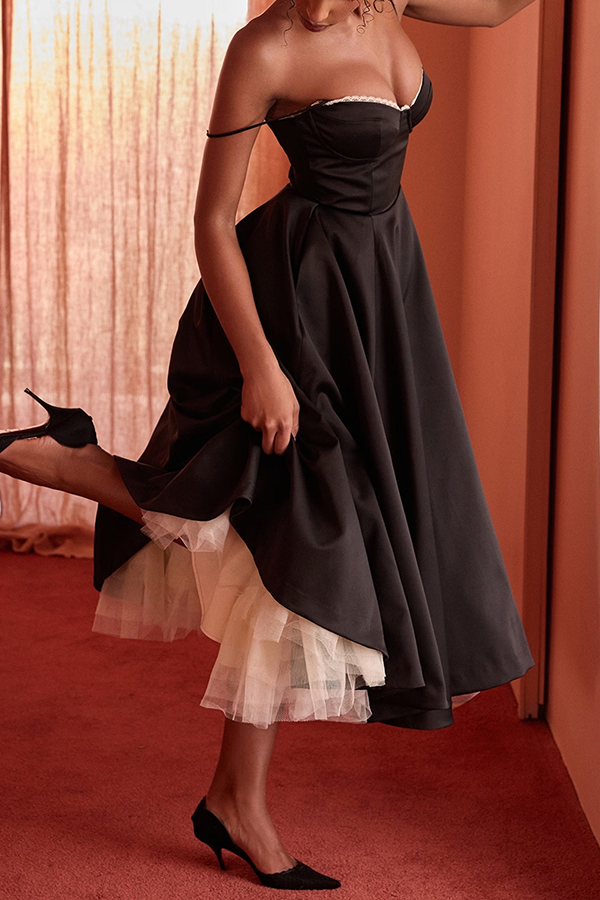 Fairytale Vibe Satin Patchwork Tulle Sweetheart Neck Pocket Stretch Midi Dress-consonak