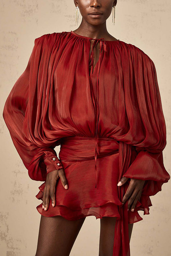 Solid Color Long-sleeved Belted Asymmetrical Mini Dress and Elastic Waist Casual Shorts Set-consonak