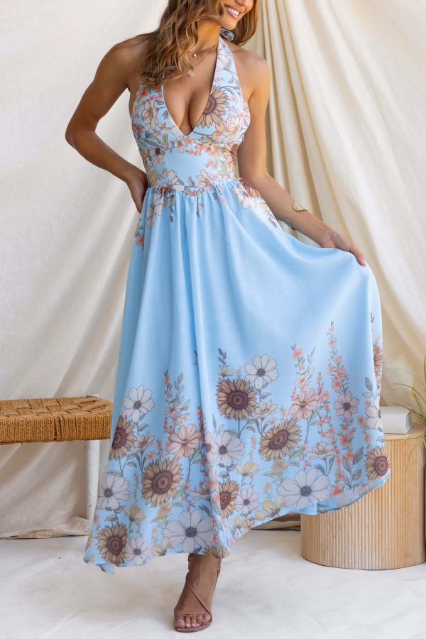 Sunflower Print V-neck Fitted Waist Elegant Maxi Dress