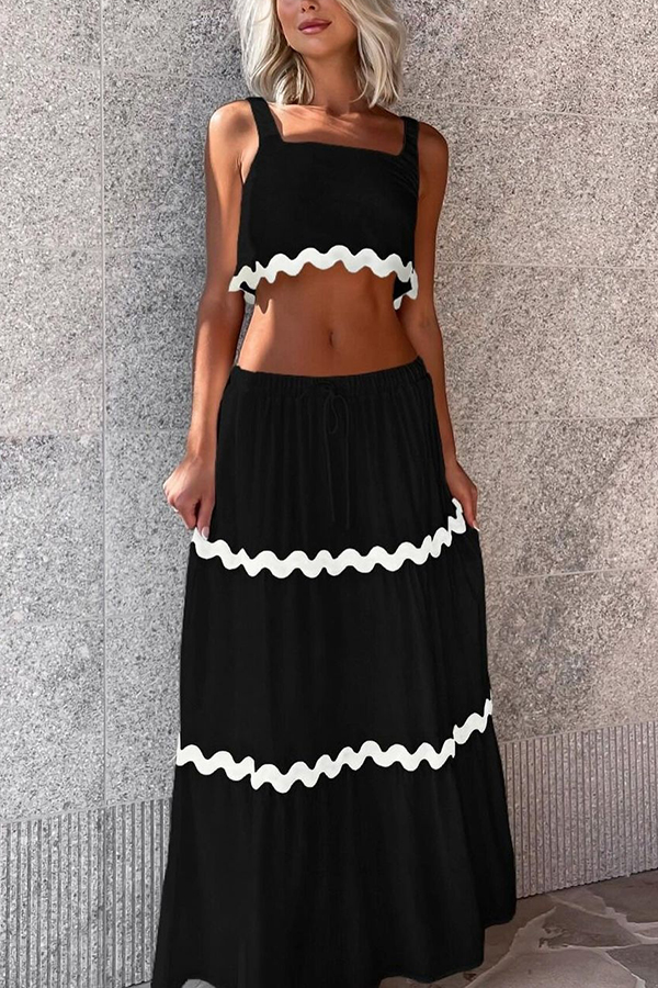 Napa Ric Rac Trims Sleeveless Crop Tank and Drawstring Elastic Waist Pocket Maxi Skirt-consonak