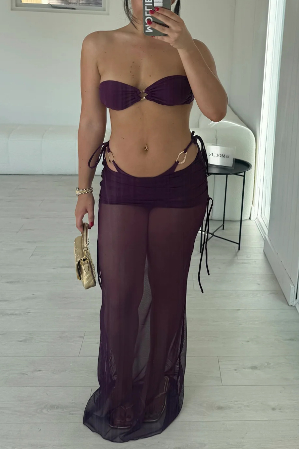 Stylish Metallic Decoration Lace-up Stretch Bikini Swimsuit and Sheer Pleated Maxi Skirt Three-piece Set-consonak