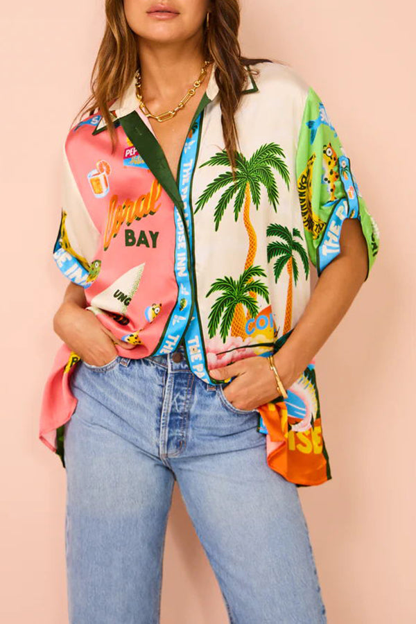 Kissed By The Sun Satin Unique Print Colorblock Button Down Oversized Blouse | Consonak
