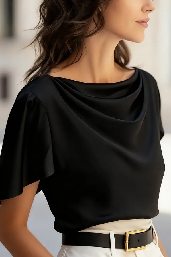 Solid Color Satin Drape Casual Loose Short-sleeved Top | Consonak