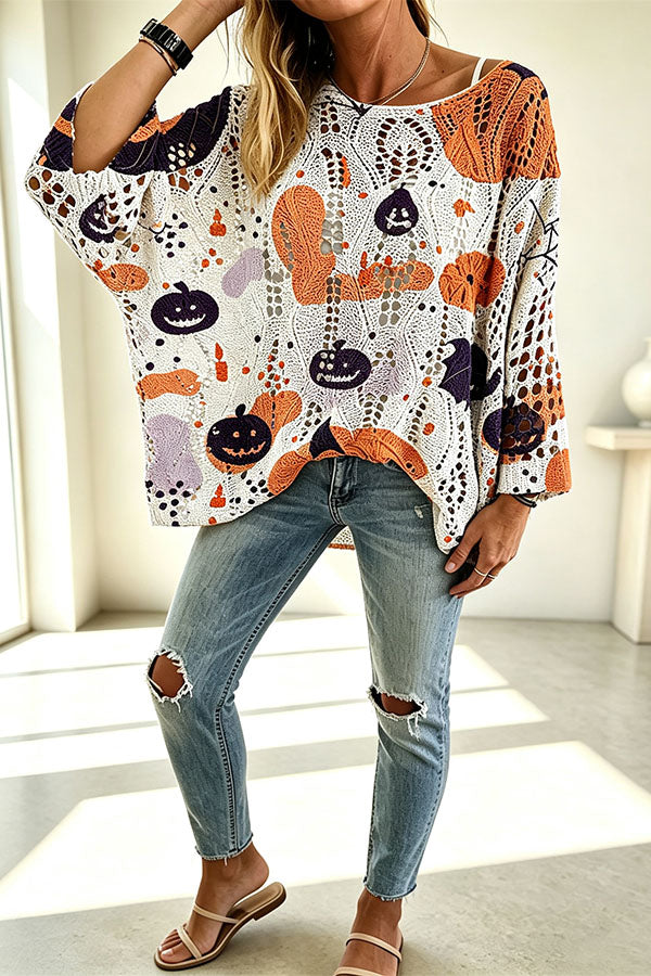 Halloween Pumpkin & Bat Hollow Out Knit Oversized Sweater-Consonak