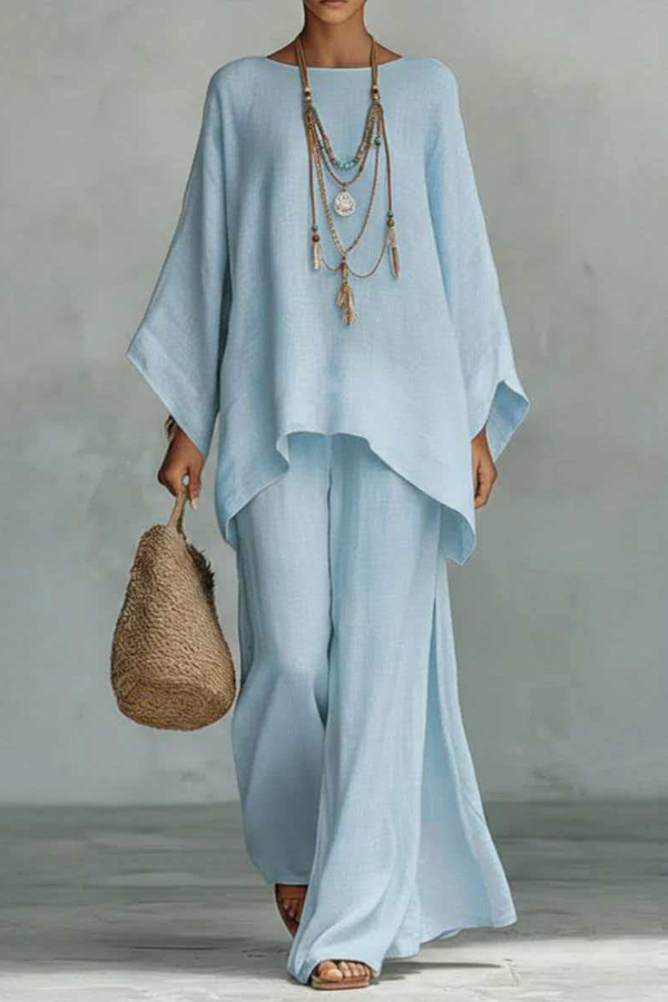 Linen Blend Crew Neck Long-sleeved Loose Top and Elastic Waist Casual Wide-leg Pants Set