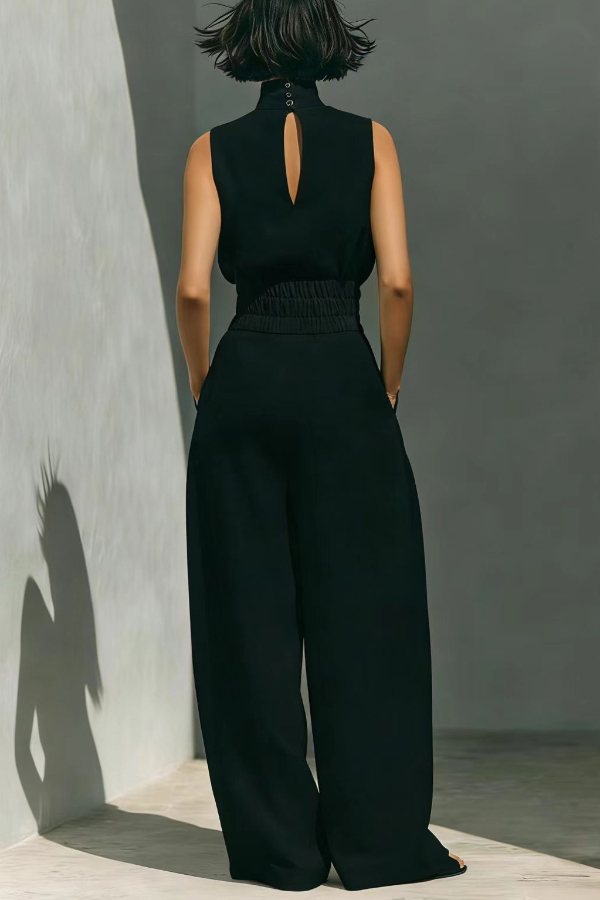 Linen Blend Solid Color Turtleneck Sleeveless Top and Casual High-waisted Elastic Waist Pocket Wide-leg Pants Set-Consonak