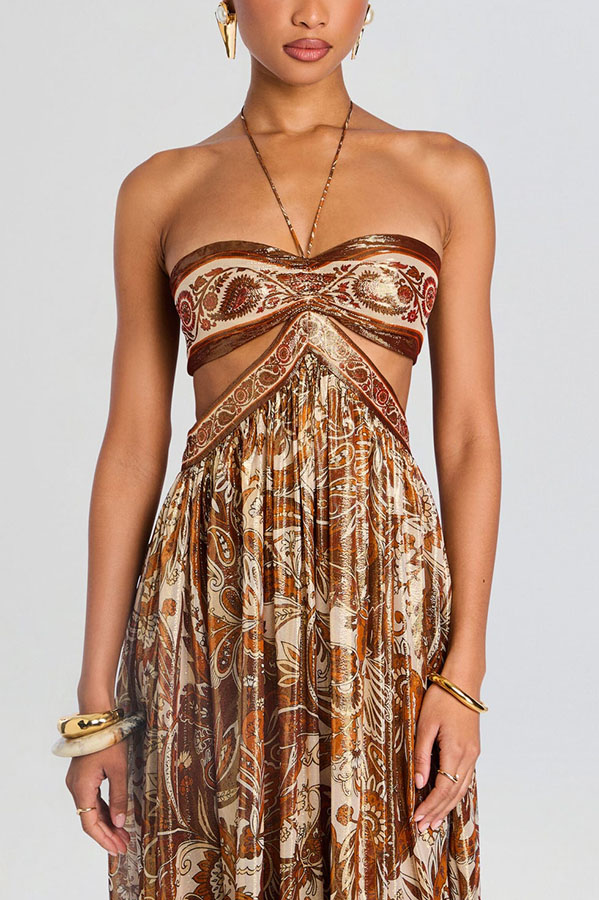 Bohemian Flair Chiffon Golden Paisley Print Cutout Halter Maxi Dress-consonak