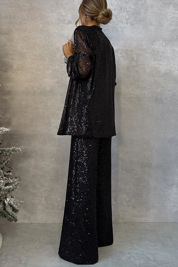 Party Scene Sequin High Rise Elastic Waist Wide Leg  Pants | Consonak