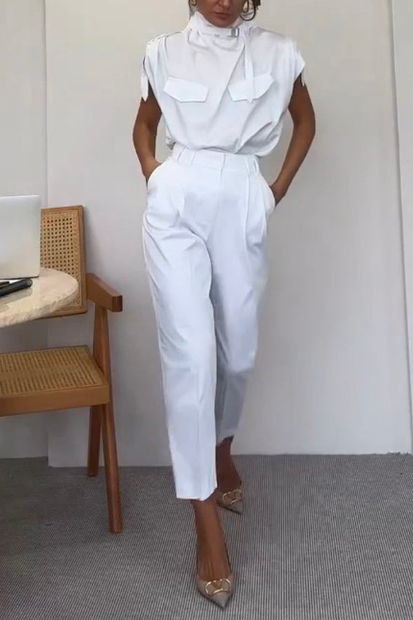 Statement Breast Pocket High Neck Top and Side Pocket Belt Long Pant Set-consonak