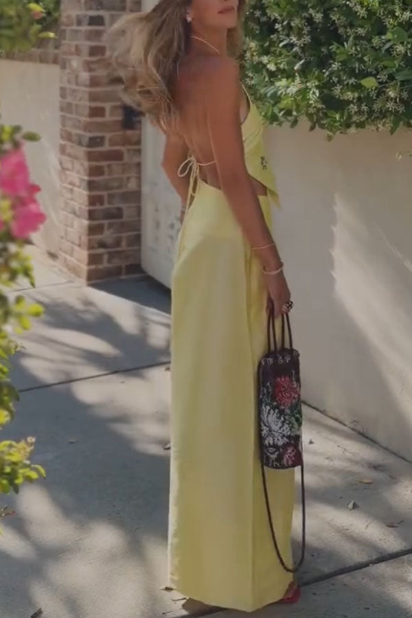 Jamie Satin Sparkling Flowers Halter Backless Tank and High Rise Pocket Wide Leg Pants Set