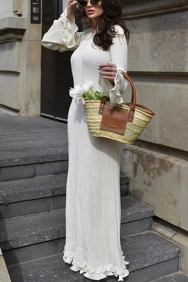 Clara Pleated Fabric Wavy Edges Bell Sleeve Tie-back Stretch Maxi Dress-consonak