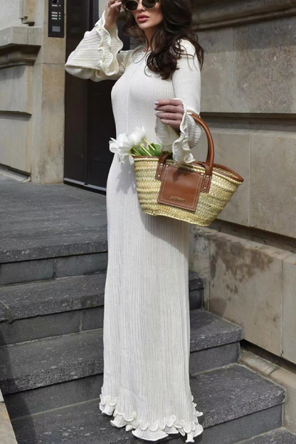 Clara Pleated Fabric Wavy Edges Bell Sleeve Tie-back Stretch Maxi Dress-consonak