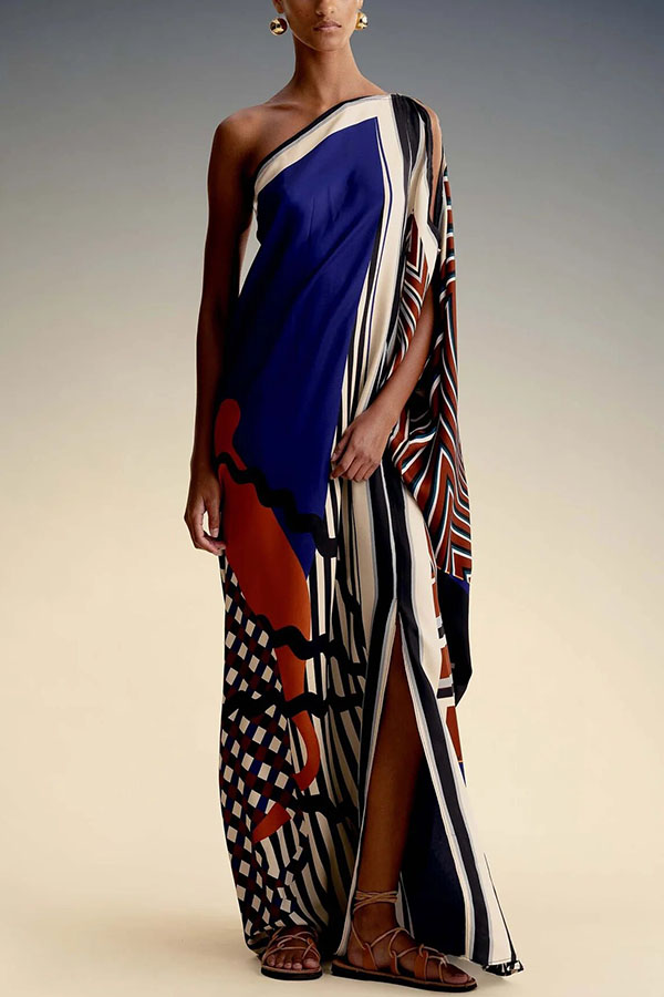 Abstract Geometric Color-Block Print One Shoulder Slit Kaftan Maxi Dress