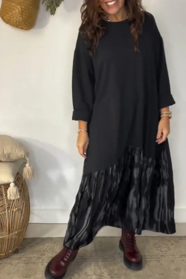 Fashionable Tie-dye Patchwork Round Neck Long Sleeve Pocket Loose Maxi Dress