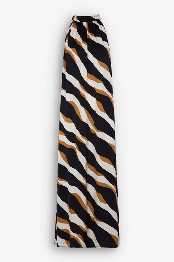 Uptown Cafe Satin Color Block Print Tie-up Neck Maxi Dress-consonak